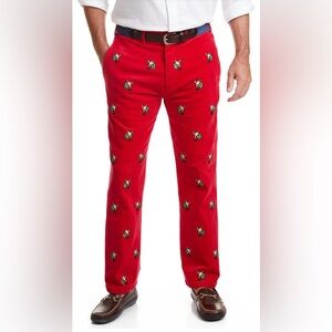Beachcomber Bright Red Corduroy Holiday Pants Sz: 38UF  Embroidered Santas.